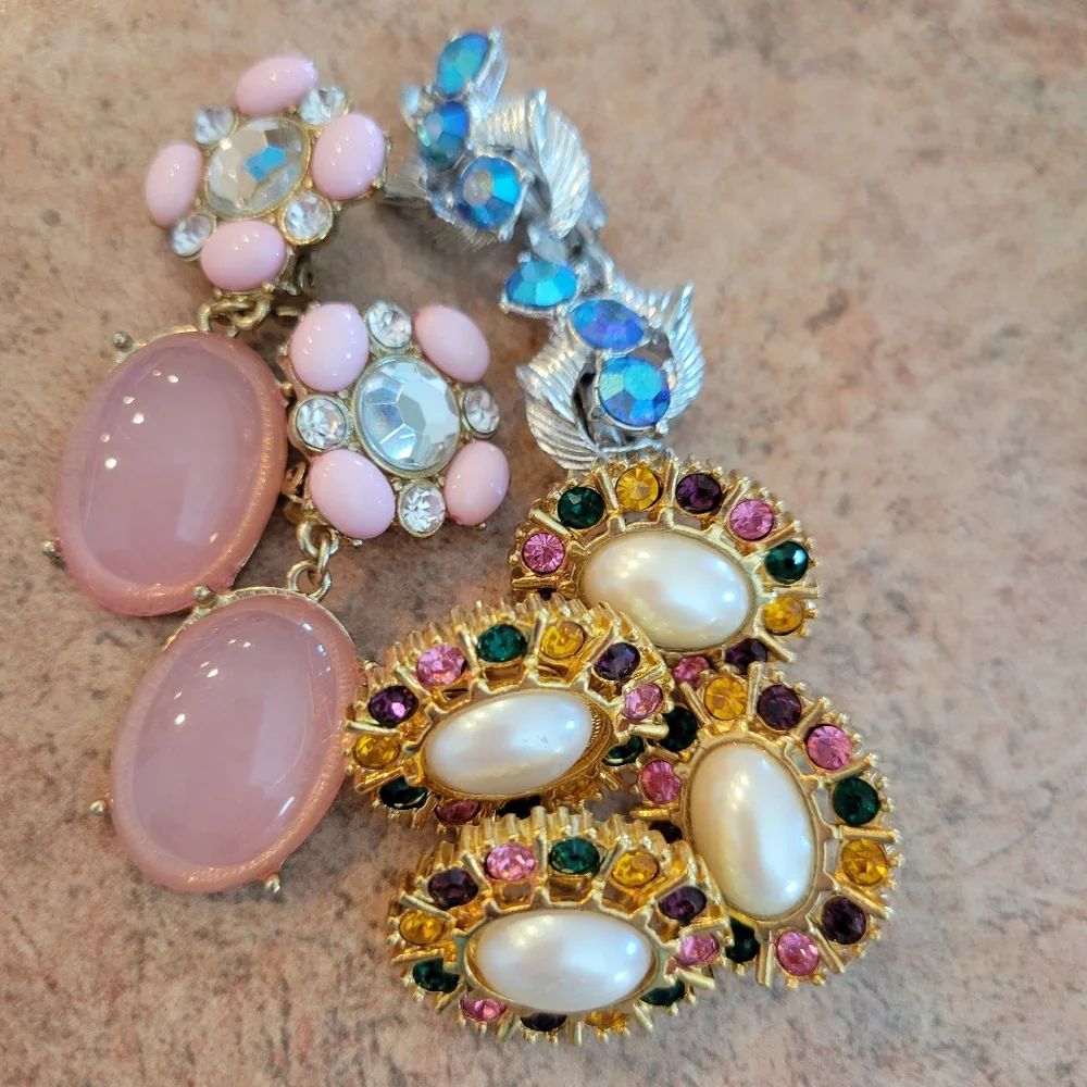 Contemporary Clip-On Earrings ~ 4pr ~ Rhinestones ~ Craft ~ Re-purpose ~ Upcycle